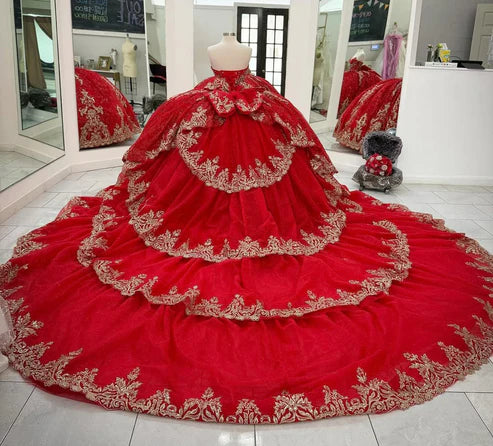 Robe de bal de quinceañera rouge élégante, bustier, col en V, broderie de perles, tulle DP7231