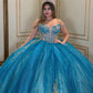 Elegantes blaues schulterfreies, perlenbesetztes Glitzertüll-Ballkleid mit Herzausschnitt für Quinceañeras DP7243