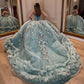 Elegant Light Blue Strapless Applique Sweetheart Glitter Tulle Quinceanera Ball Gown DP7242