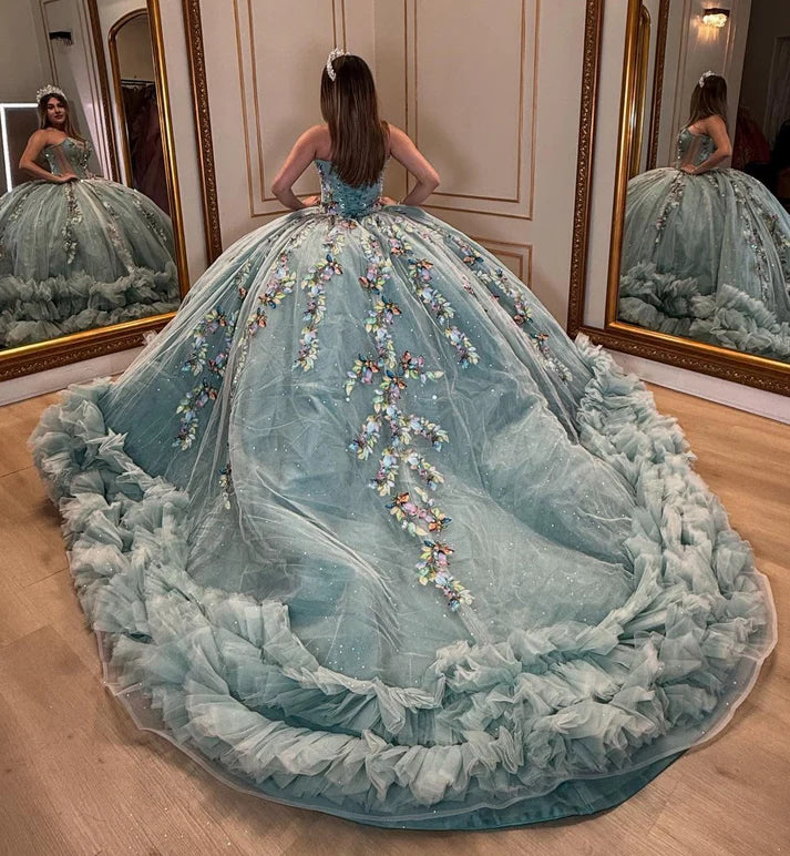 Elegant Light Blue Strapless Applique Sweetheart Glitter Tulle Quinceanera Ball Gown DP7242