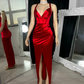 Charming Red Satin Straps Long Party Dress with Slit, DP2608