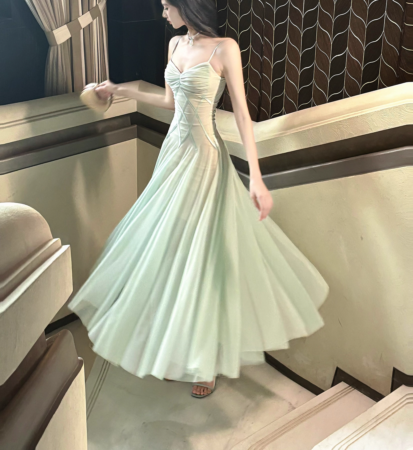 Robe de bal vintage en mousseline de soie vert sauge, coupe trapèze, bretelles spaghetti, robe de soirée longue, robe formelle DP6699