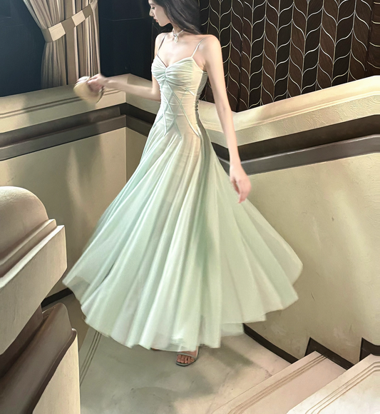 Robe de bal vintage en mousseline de soie vert sauge, coupe trapèze, bretelles spaghetti, robe de soirée longue, robe formelle DP6699