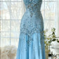 Elegantes Meerjungfrauen-Abendkleid DP8157 mit champagnerfarbenen Perlen und Spaghettiträgern