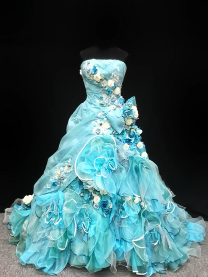 Robe de bal glamour turquoise sans bretelles, ornée d'appliqués floraux 3D et de volants en tulle, idéale pour les 16 ans (Quinceañera) DP7271