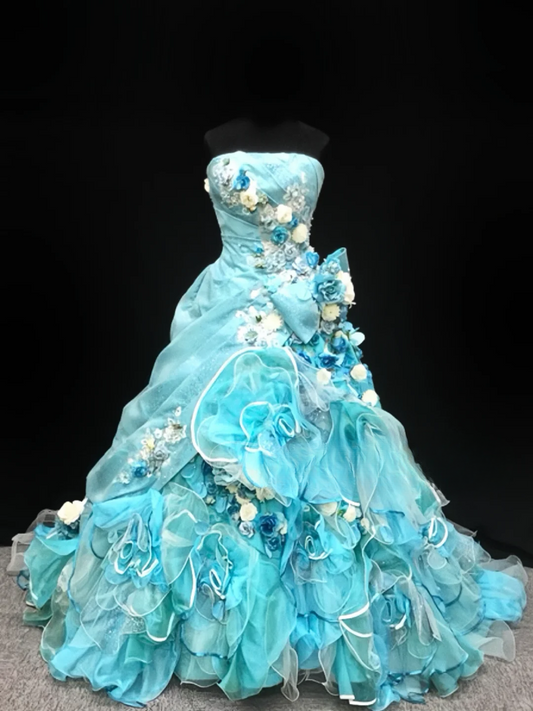 Robe de bal glamour turquoise sans bretelles, ornée d'appliqués floraux 3D et de volants en tulle, idéale pour les 16 ans (Quinceañera) DP7271