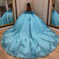 Elegant Blue Off-Shoulder Beaded Sequin Sweetheart Quinceanera Ball Gown DP7240