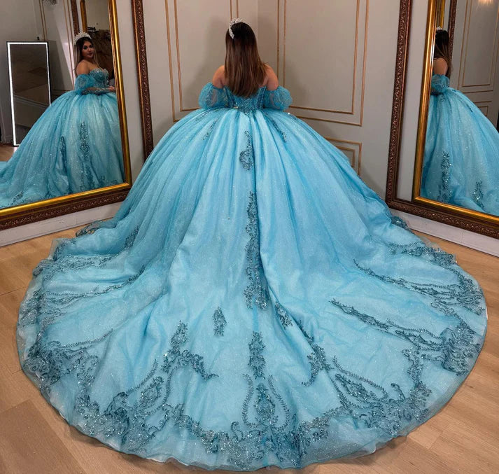 Elegant Blue Off-Shoulder Beaded Sequin Sweetheart Quinceanera Ball Gown DP7240