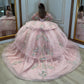 Robe de bal élégante rose à épaules dénudées, ornée d'appliqués floraux et décolleté en cœur, pour quinceañera DP7241