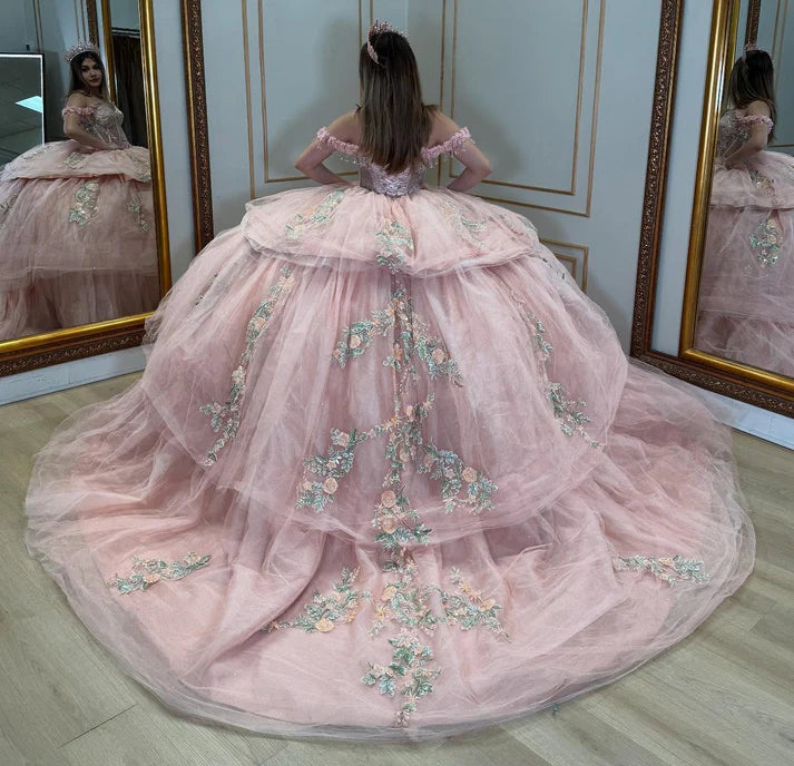 Robe de bal élégante rose à épaules dénudées, ornée d'appliqués floraux et décolleté en cœur, pour quinceañera DP7241
