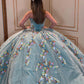 Elegant Light Blue Strapless Applique Sweetheart Glitter Tulle Quinceanera Ball Gown DP7242