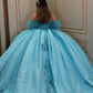 Elegant Blue Off-Shoulder Beaded Sequin Sweetheart Quinceanera Ball Gown DP7240