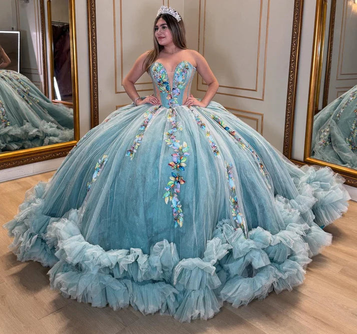Elegant Light Blue Strapless Applique Sweetheart Glitter Tulle Quinceanera Ball Gown DP7242