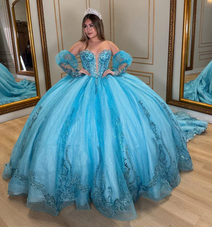 Elegant Blue Off-Shoulder Beaded Sequin Sweetheart Quinceanera Ball Gown DP7240