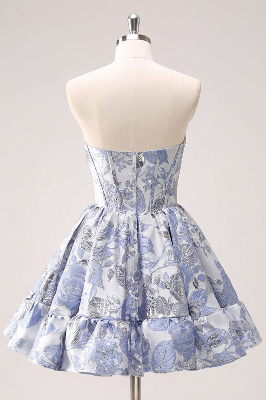 Retro Fashion Blue Corset Design Strapless Mini Party Dress  Floral Homecoming Dress, DP5819