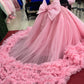 Elegant Pink One-Shoulder Beaded Bodice Oversized Bow & Ruffled Tulle Quinceanera Ball Gown DP7237