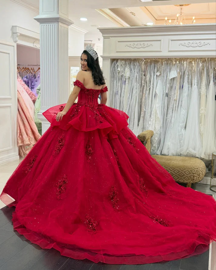 Chic Vibrant Red Appliqued Off-Shoulder Glitter Tulle Quinceanera Sweet 15 Ball Gown DP7198
