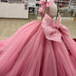 Elegant Pink One-Shoulder Beaded Bodice Oversized Bow & Ruffled Tulle Quinceanera Ball Gown DP7237