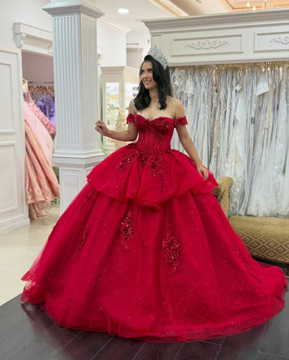 Chic Vibrant Red Appliqued Off-Shoulder Glitter Tulle Quinceanera Sweet 15 Ball Gown DP7198