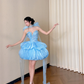 Light Blue Strapless Tulle Homecoming Dress Puffy Bubble Skirt Beaded Party Gown DP8308