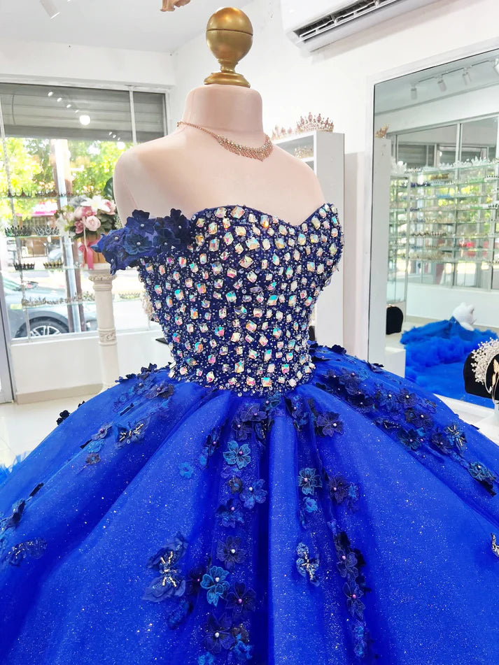 Glamorous Royal Blue Tulle Beaded Appliqued Off-Shoulder Sweetheart Quinceanera Sweet 15 Ball Gown DP7185
