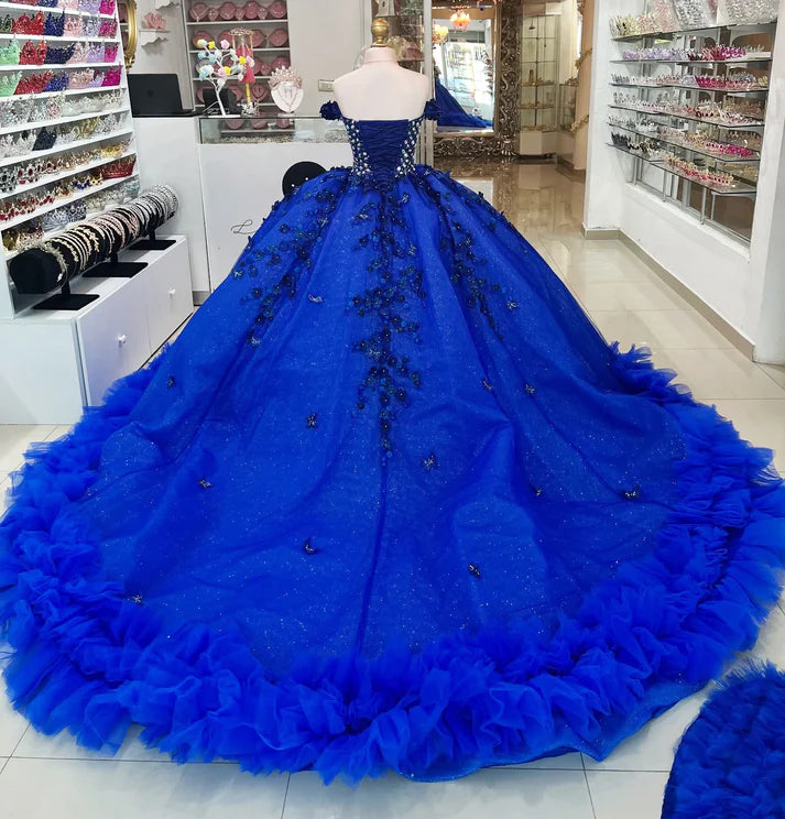 Glamorous Royal Blue Tulle Beaded Appliqued Off-Shoulder Sweetheart Quinceanera Sweet 15 Ball Gown DP7185