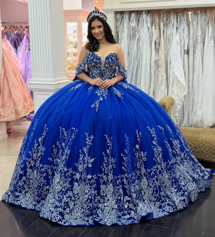 Chic Royal Blue Appliqued Beaded Off-Shoulder Glitter Tulle Sweetheart Quinceanera Sweet 15 Ball Gown DP7199