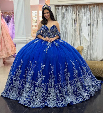 Chic Royal Blue Appliqued Beaded Off-Shoulder Glitter Tulle Sweetheart Quinceanera Sweet 15 Ball Gown DP7199