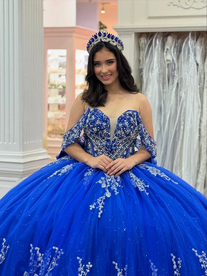 Chic Royal Blue Appliqued Beaded Off-Shoulder Glitter Tulle Sweetheart Quinceanera Sweet 15 Ball Gown DP7199
