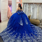 Chic Royal Blue Appliqued Beaded Off-Shoulder Glitter Tulle Sweetheart Quinceanera Sweet 15 Ball Gown DP7199