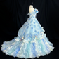Enchanting Sky Blue Strapless 3D Floral Applique Ruffled Tulle Iridescent Fairycore Sweet 16 Quinceanera Ball Gown DP7279