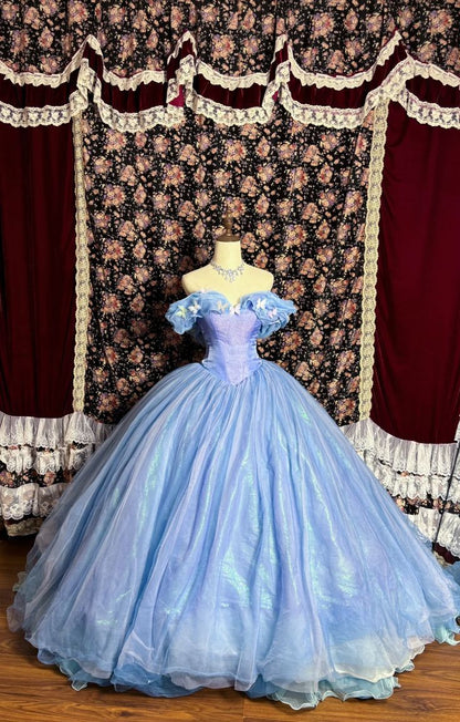 Vintage Cinderella-Inspired Off-Shoulder Iridescent Blue 3D Butterfly Quinceanera Sweet 15 Ball Gown DP7175