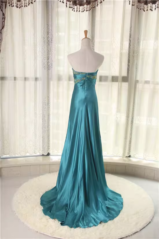 Robe de soirée bustier élégante bleu sarcelle, ornée de perles, en satin luxueux, asymétrique, DP7621