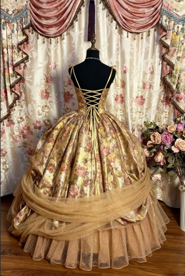 Vintage-Inspired Floral Print Spaghetti Strap Ruffled Tiered Quinceanera Sweet 16 Ball Gown DP7172