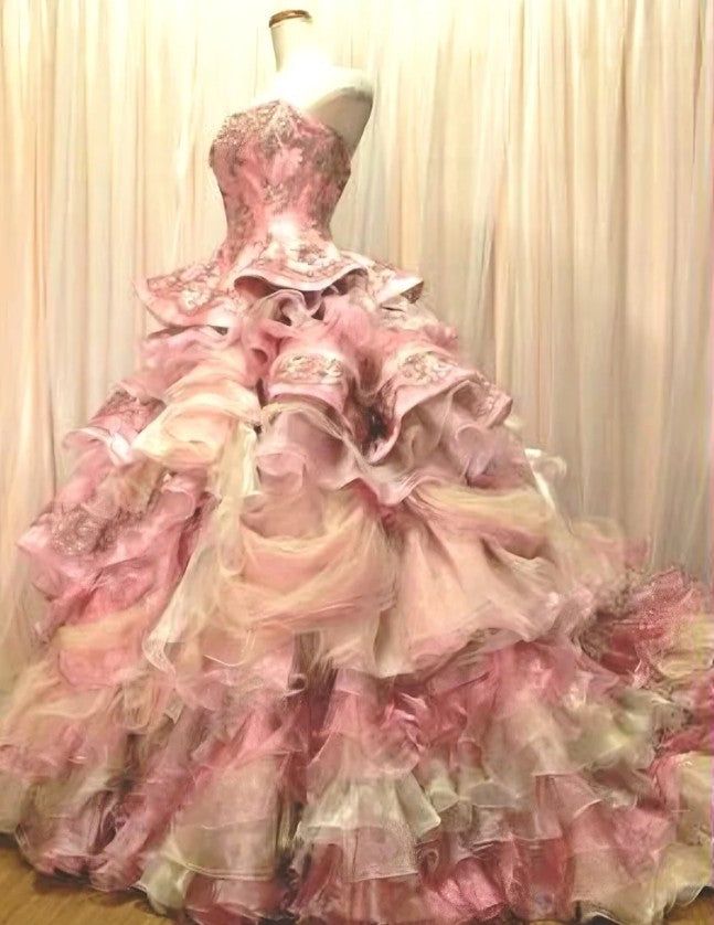Glamorous Pink Tiered Tulle Strapless Sequin Beaded Sweet 16 Quinceanera Ball Gown DP7300