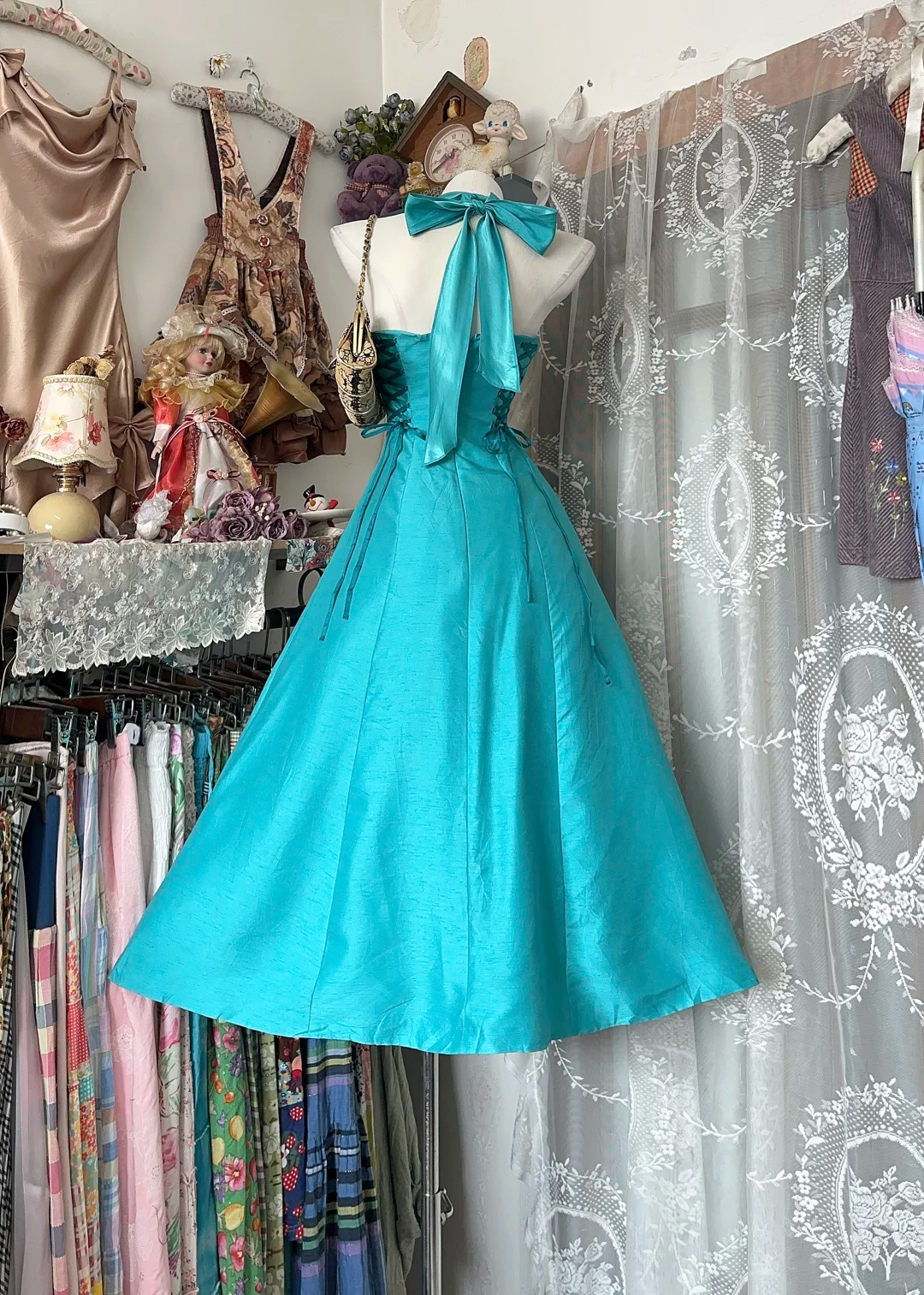 Vintage Turquoise Halter Neck A-Line Homecoming Dress Bow Satin Mini Party Gown DP8323