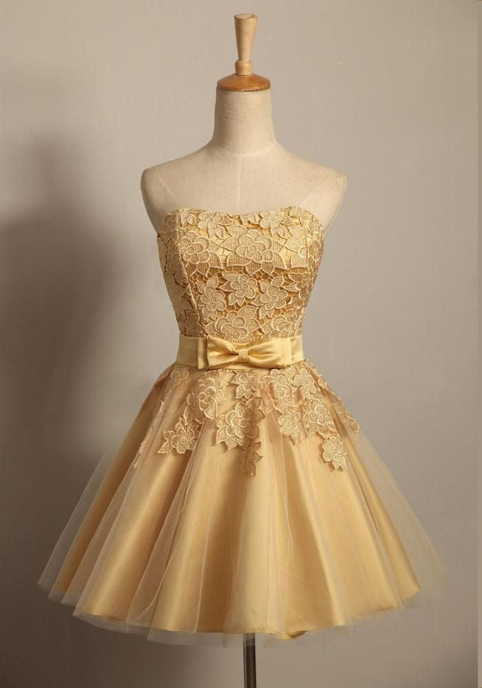Glamorous Gold Strapless Lace Applique A-Line Homecoming Dress DP8518