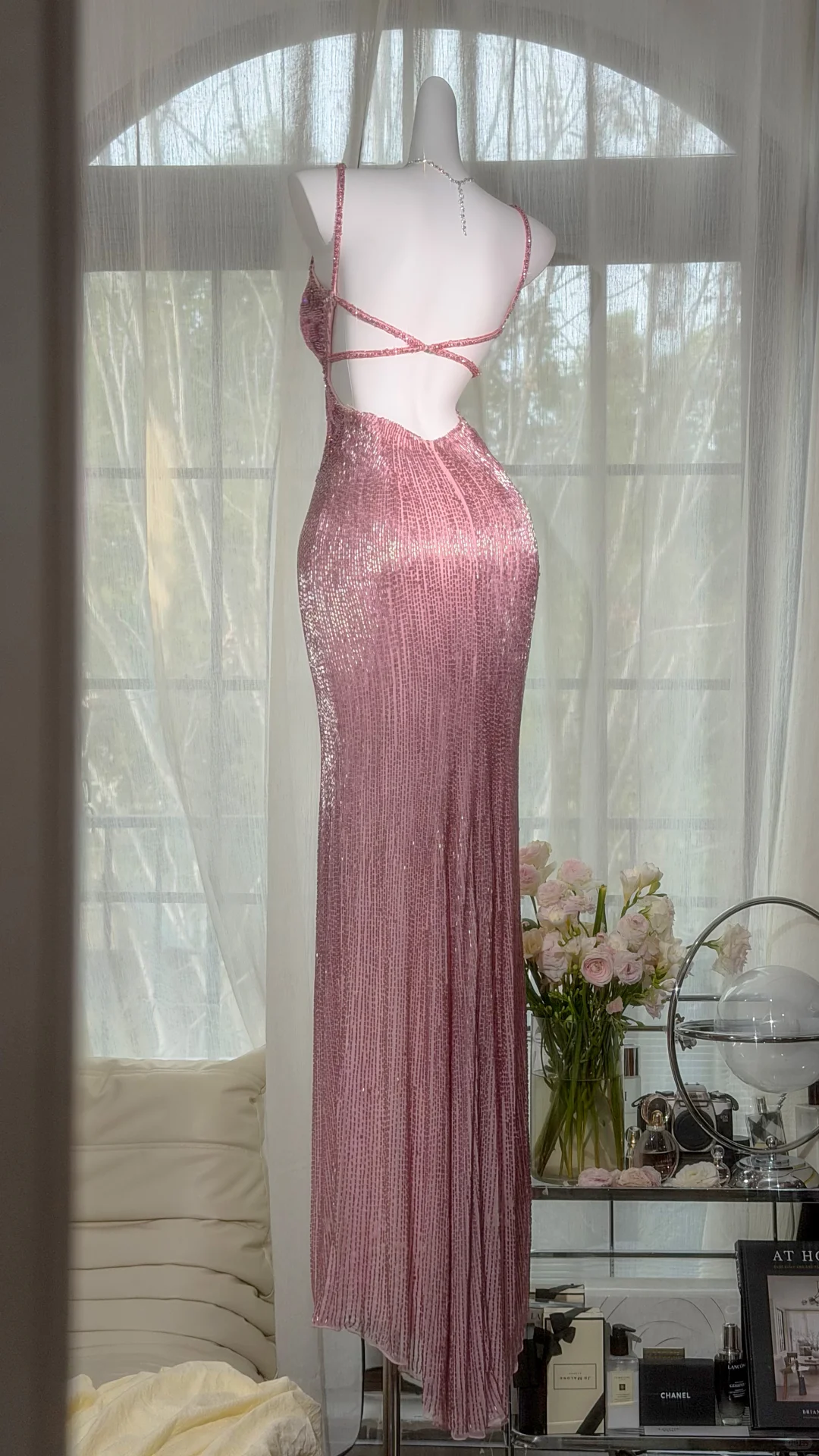 Glamorous Pink Butterfly Beaded Strappy Maxi High Slit Evening Dress Prom Dress DP8121