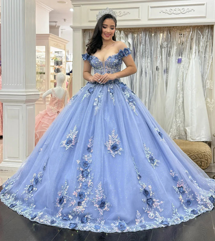 Glamorous Periwinkle Blue 3D Floral Embroidery Off-Shoulder Ruffled Tulle Quinceanera Sweet 15 Ball Gown DP7195