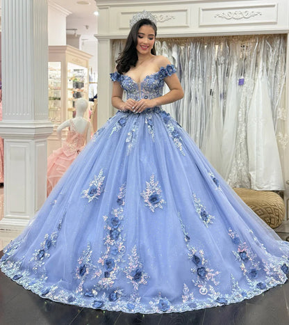 Glamorous Periwinkle Blue 3D Floral Embroidery Off-Shoulder Ruffled Tulle Quinceanera Sweet 15 Ball Gown DP7195