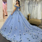 Glamorous Periwinkle Blue 3D Floral Embroidery Off-Shoulder Ruffled Tulle Quinceanera Sweet 15 Ball Gown DP7195
