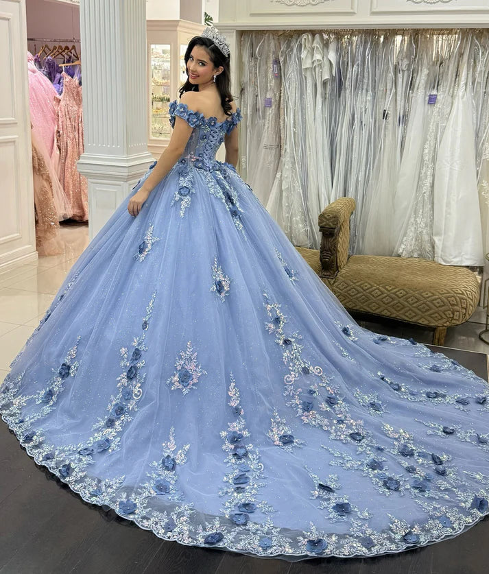 Glamorous Periwinkle Blue 3D Floral Embroidery Off-Shoulder Ruffled Tulle Quinceanera Sweet 15 Ball Gown DP7195