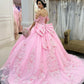 Glamorous Pink Floral Embroidery Off-Shoulder Sweetheart Ruffled Quinceanera Sweet 15 Ball Gown DP7194