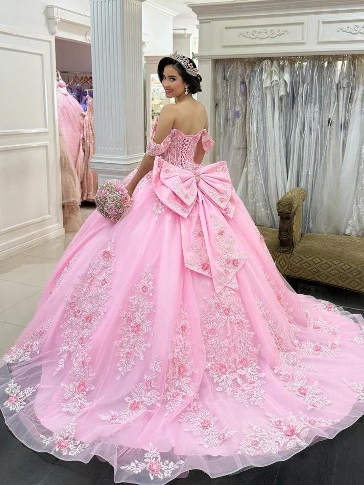 Glamorous Pink Floral Embroidery Off-Shoulder Sweetheart Ruffled Quinceanera Sweet 15 Ball Gown DP7194
