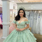 Glamorous Mint Green Appliqued Off-Shoulder Glitter Tulle Quinceanera Sweet 15 Ball Gown DP7196