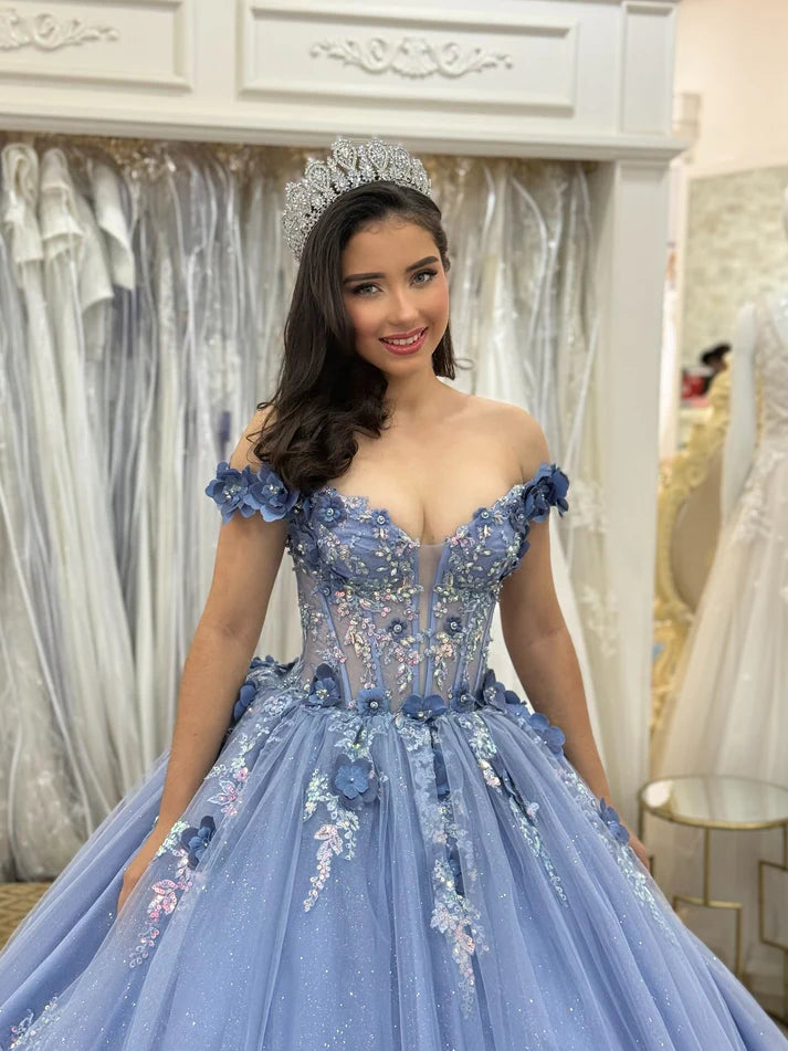 Glamorous Periwinkle Blue 3D Floral Embroidery Off-Shoulder Ruffled Tulle Quinceanera Sweet 15 Ball Gown DP7195
