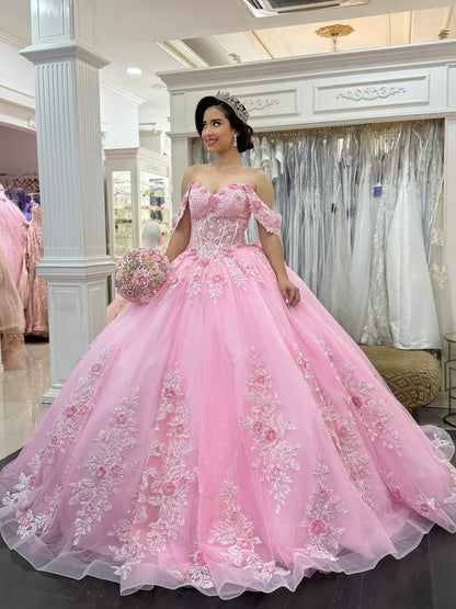 Glamorous Pink Floral Embroidery Off-Shoulder Sweetheart Ruffled Quinceanera Sweet 15 Ball Gown DP7194