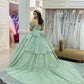 Glamorous Mint Green Appliqued Off-Shoulder Glitter Tulle Quinceanera Sweet 15 Ball Gown DP7196