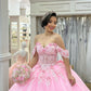Glamorous Pink Floral Embroidery Off-Shoulder Sweetheart Ruffled Quinceanera Sweet 15 Ball Gown DP7194