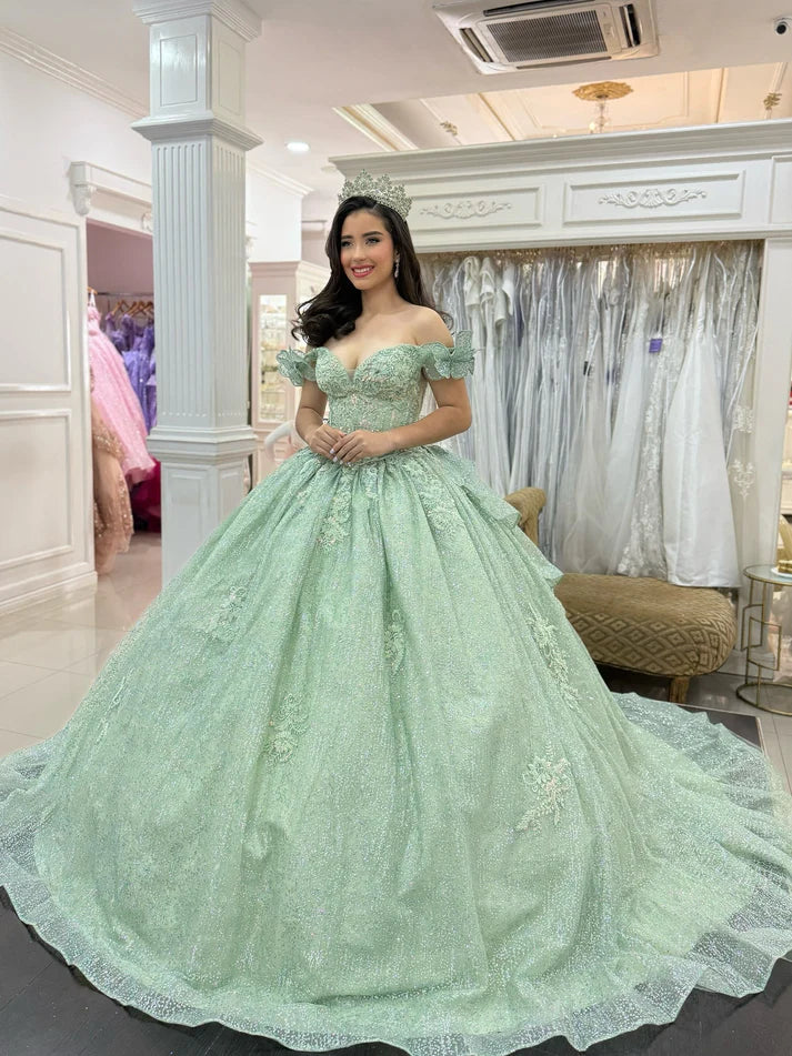 Glamorous Mint Green Appliqued Off-Shoulder Glitter Tulle Quinceanera Sweet 15 Ball Gown DP7196